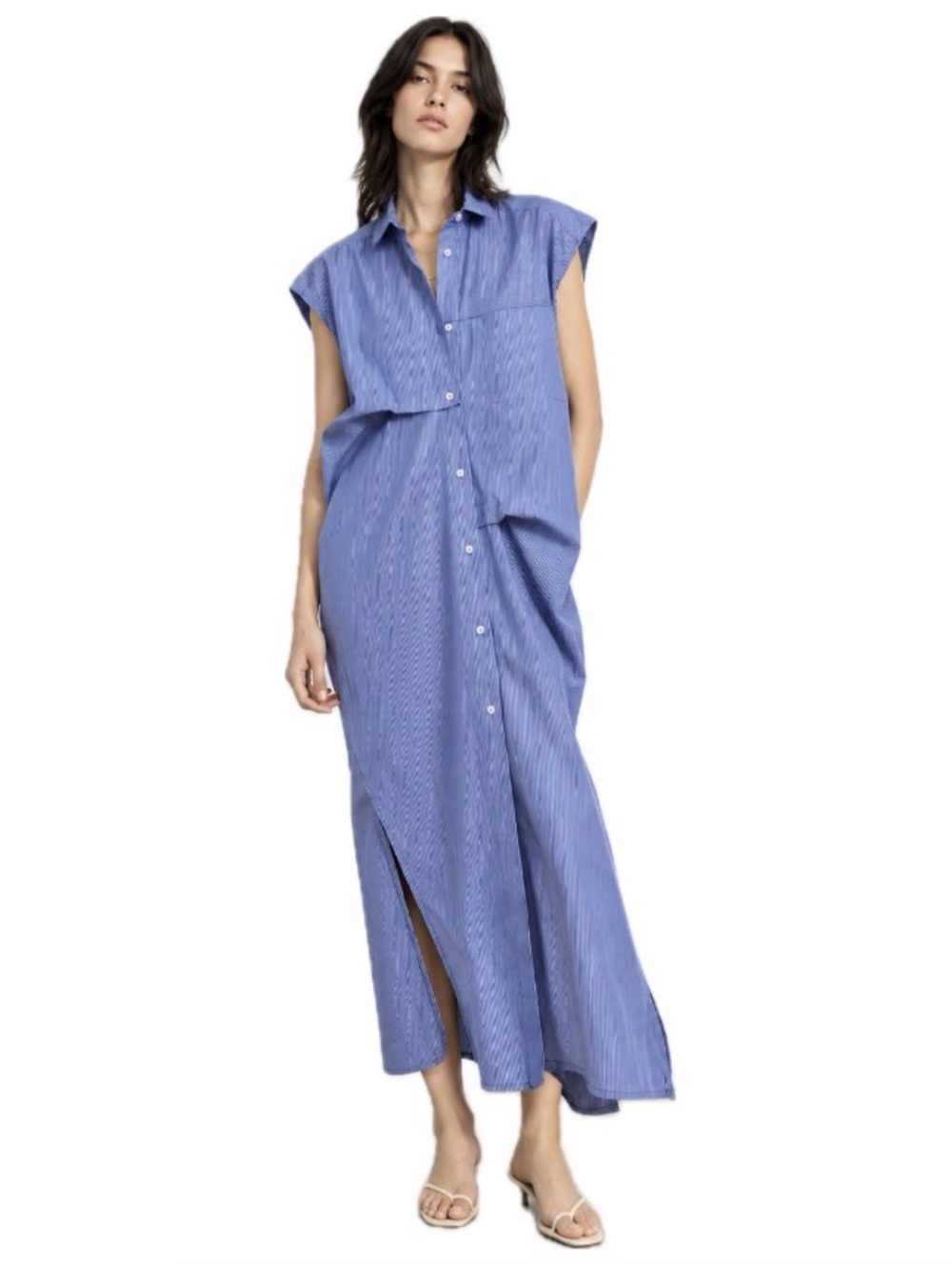 Zara, Blue White Striped Oversized Shirt Dress Asymmetrical Midi Maxi, Size M